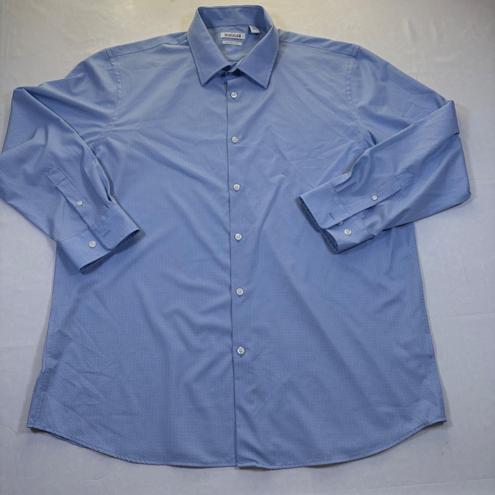 Haggar Mens Classic Fit Dress Shirt Blue Micro Pattern Stretch 17-17.5 34/35